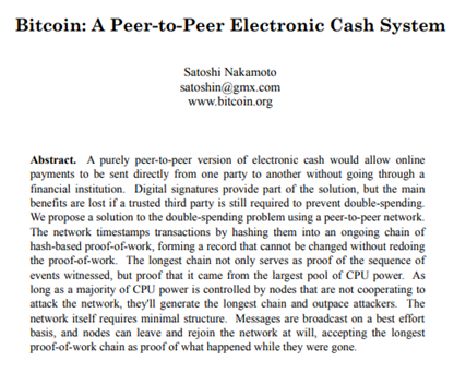 Bitcoin whitepaper written by Satoshi Nakamoto