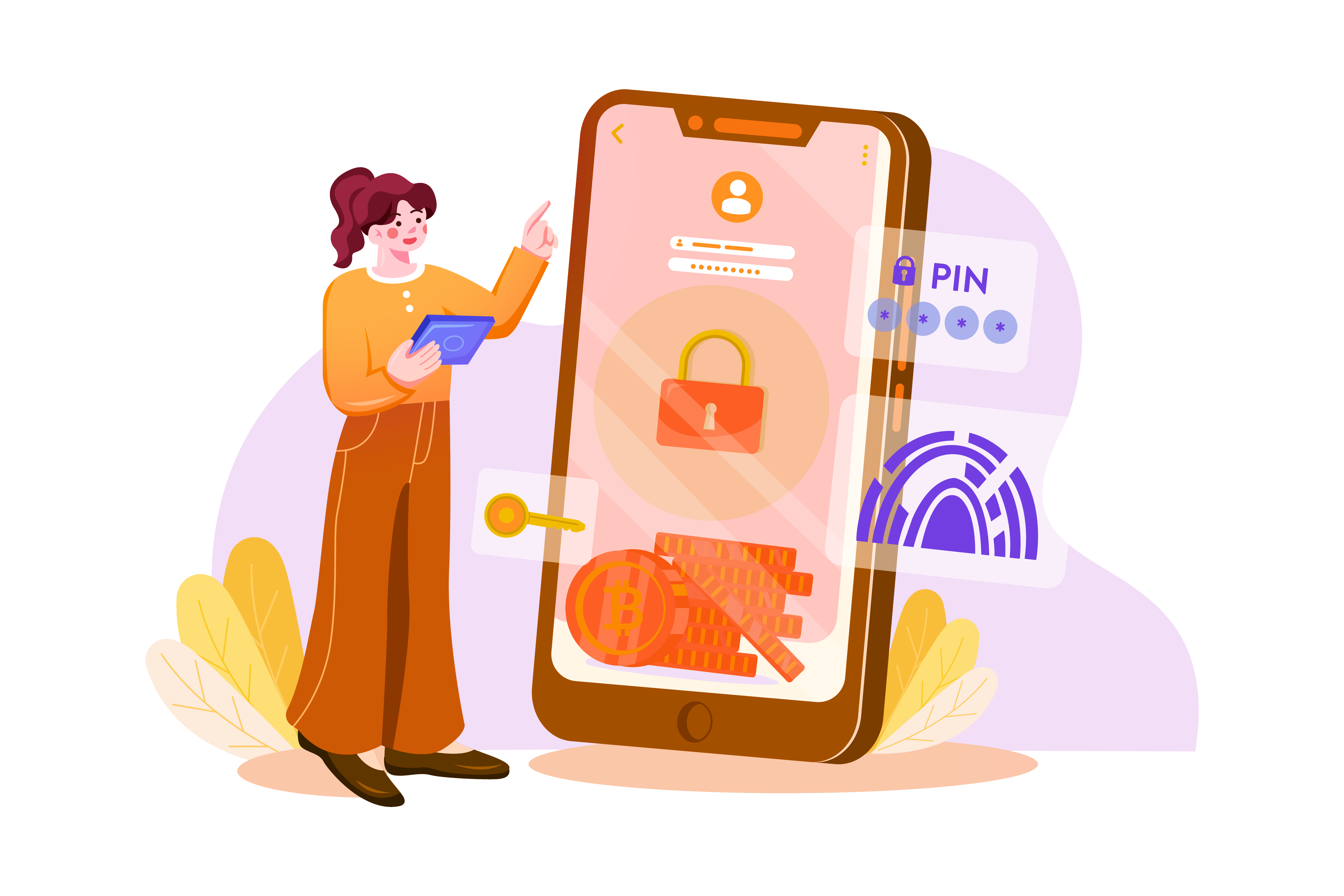 Cartoon illustration of a woman buying bitcoin on a phone